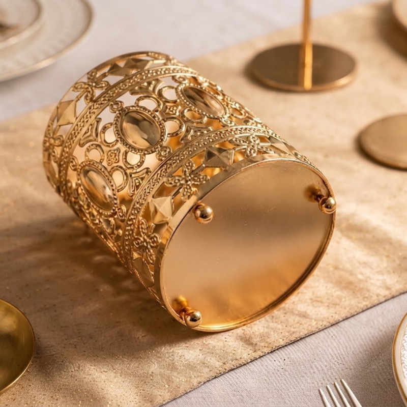 Gold Metal Pen Holder & Tealight Candle Lantern