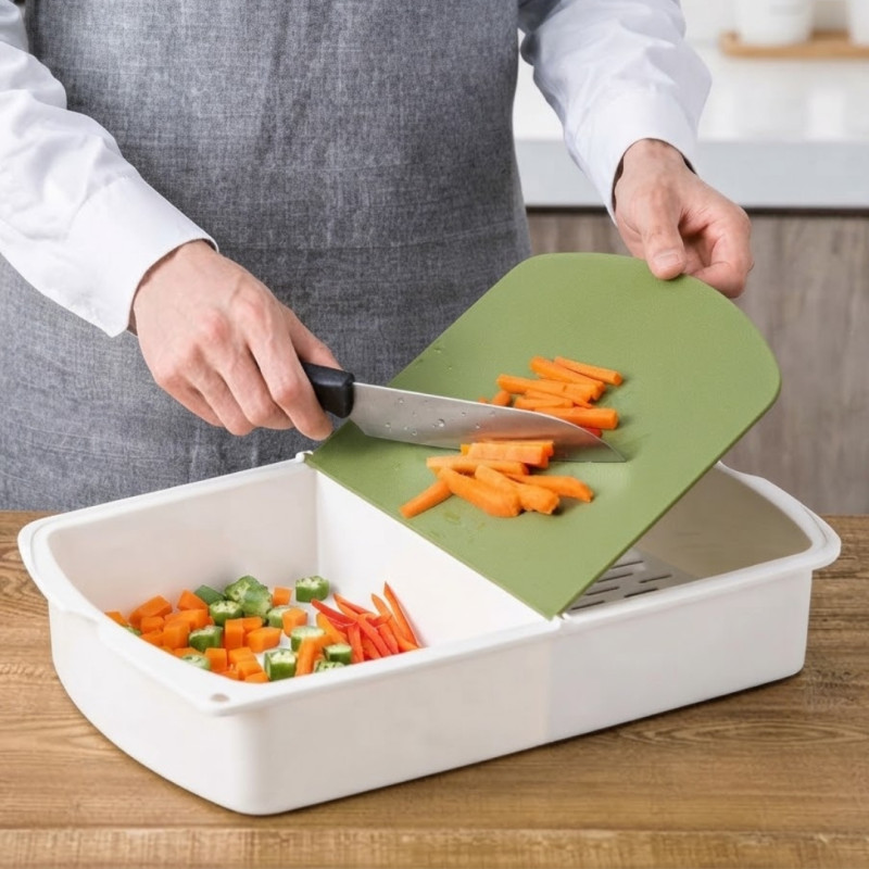 3 In 1 Plastic Chopping Board With Draining Basket & Flip Lid