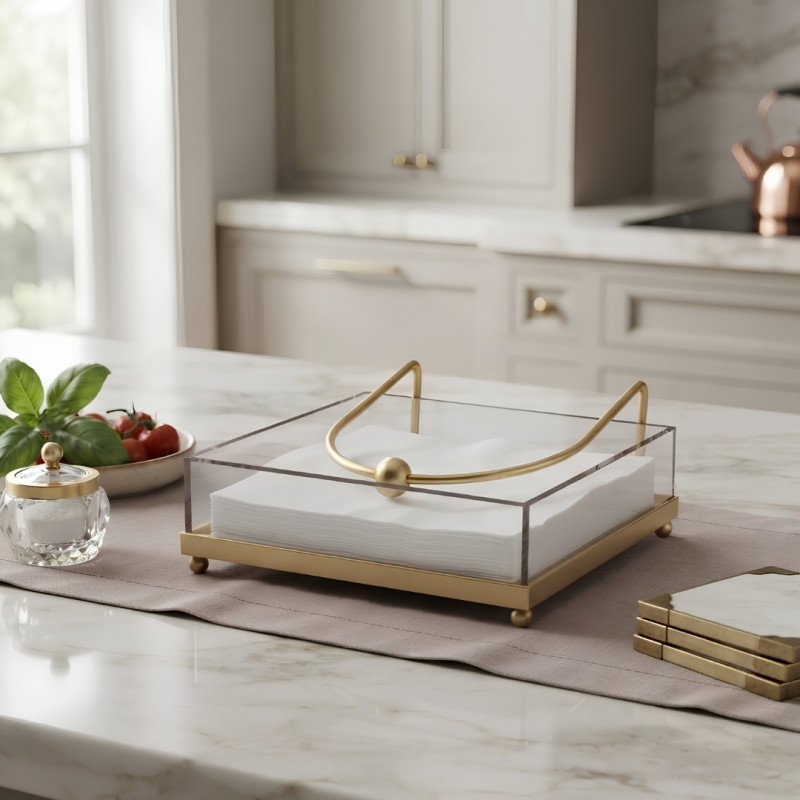 Acrylic Napkin Holder With Golden Metal Stand