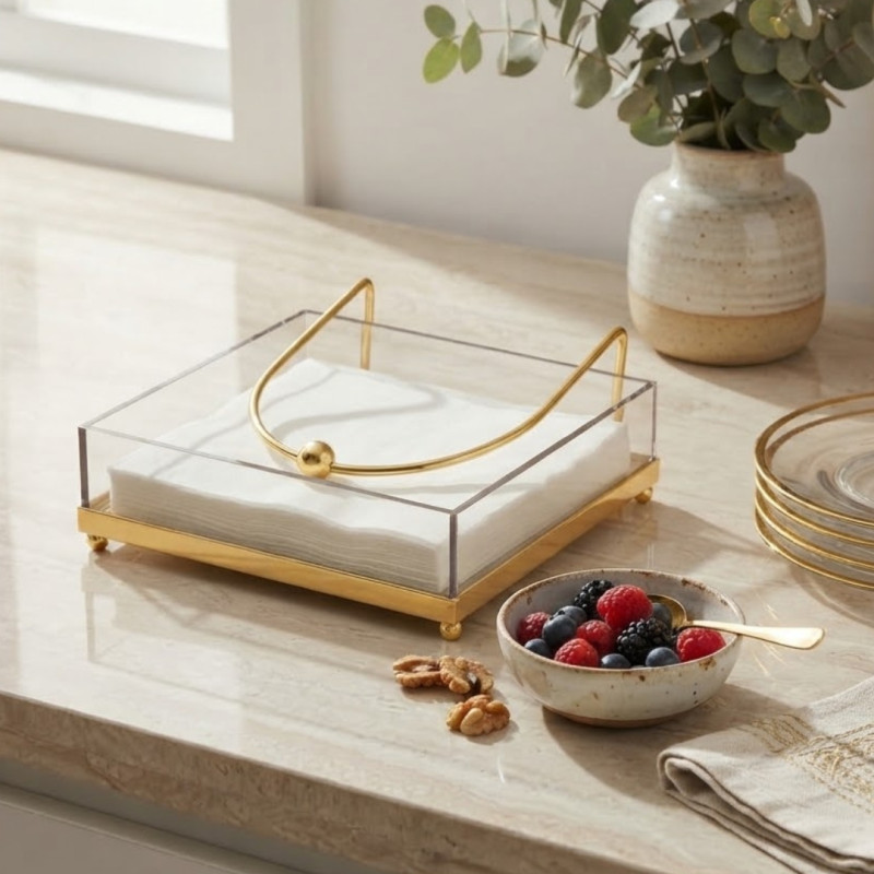 Acrylic Napkin Holder With Golden Metal Stand