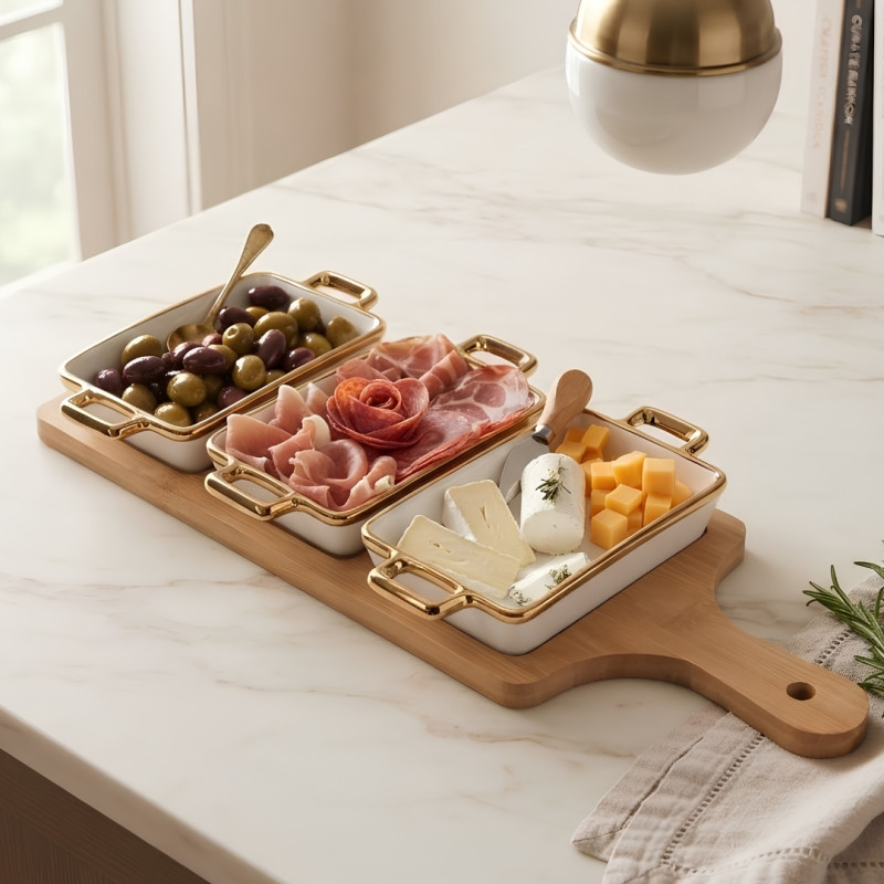 Ceramic Serving Bowl With Wooden Stand
