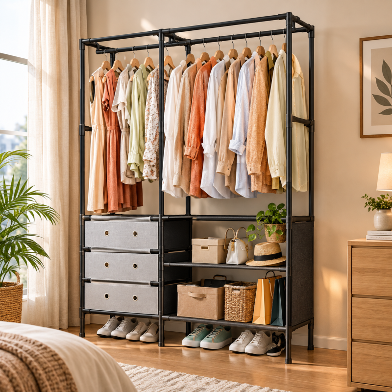 Multi Tier Clothing Rack with Drawers and Shoe Storage Organiser for Home and Bedroom