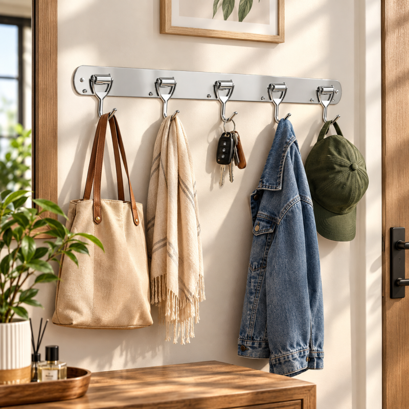 Stainless Steel Wall Rail Bar with Hooks for Kitchen Bathroom and Home Storage