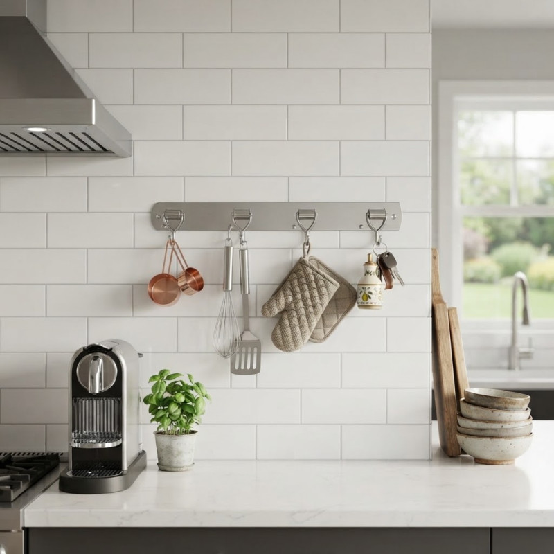 Stainless Steel Wall Rail Bar with Hooks for Kitchen Bathroom and Home Storage