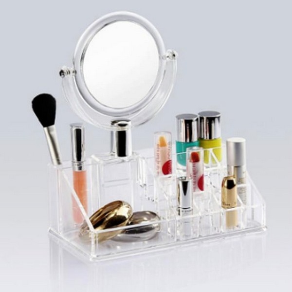 Lipstick and Brush Holder with Round Mirror