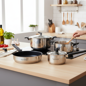Alpenberg Stainless Steel Cookware 10 Piece  Set – Non Stick Frying Pans & Glass Lid Saucepots
