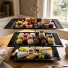 Melamine 1 Large, 1 Medium, And 1 Small Black Rectangle Platter With Golden Stand