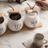Ceramic Tea Coffee Sugar Jars Set With Wooden Tray
